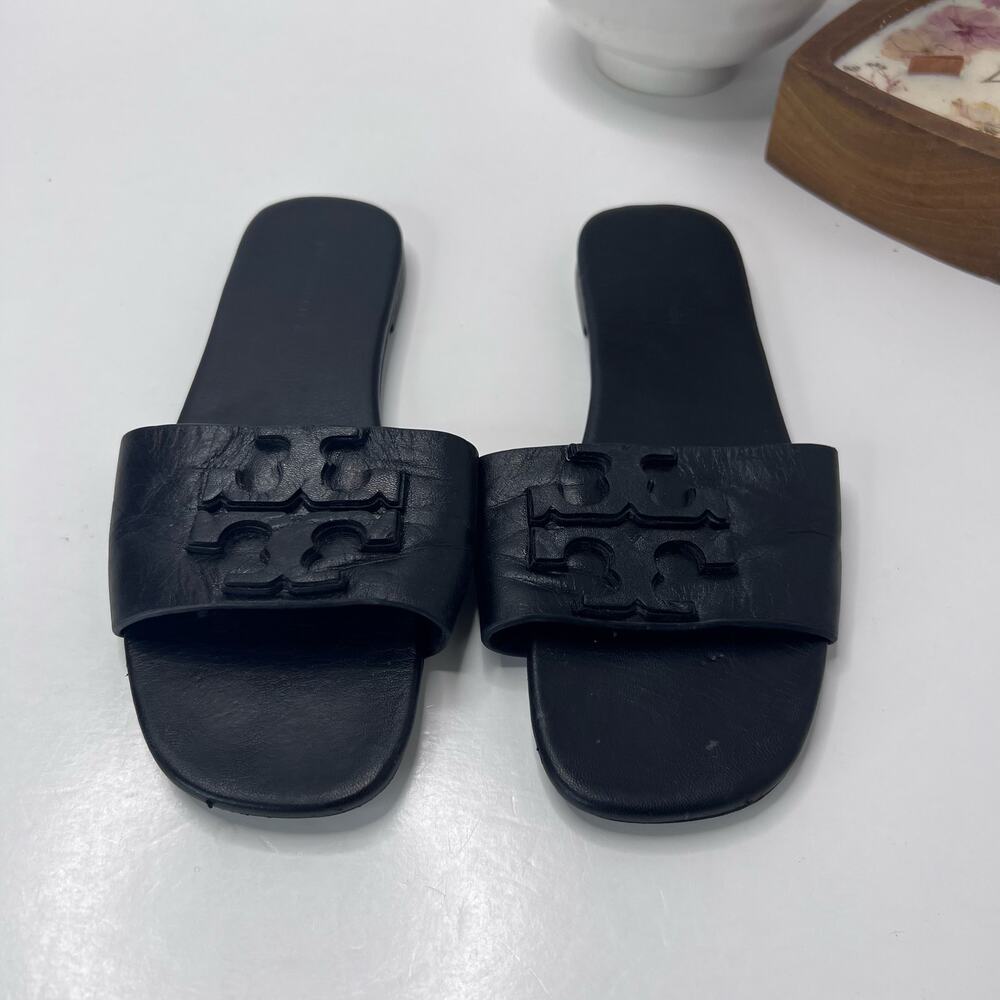 Tory Burch Ines Flat Double T Leather Slides Slip On Perfect Black Women 6M